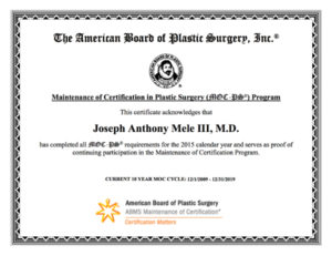 For your safety, Dr. Mele Maintains hie Board Certifications with two ABMS recognized boards: The American Board of Plastic Surgery and the American Board of Surgery.