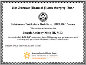 Dr. Joseph Mele maintains his Board Certifications with two ABMS recognized boards: The American Board of Plastic Surgery and the American Board of Surgery to demonstrate his commitment to excellence in up-to-date Plastic Surgery