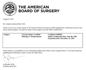 American Board of Surgery Certification - Dr. Mele